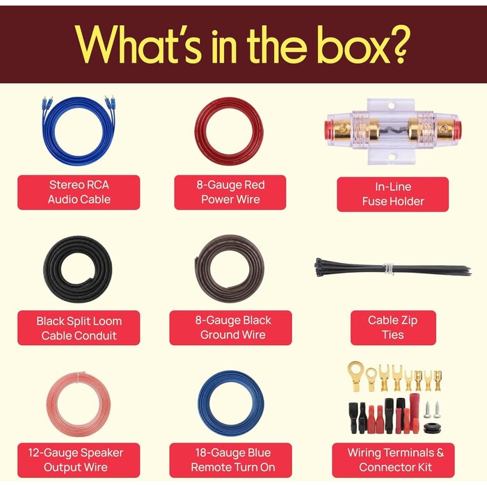 PLMRAKT8 - Pyle 8 Gauge Car Audio Wiring Kit – 20ft Power Wire – Up to 1000W Amplifier Hookup for Battery, Stereo Head Unit & Subwoofer System – Includes Speaker Wire, Ground Cable & Gold-Plated Fuse – PLMRAKT8