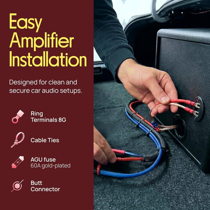 PLMRAKT8 - Pyle 8 Gauge Car Audio Wiring Kit – 20ft Power Wire – Up to 1000W Amplifier Hookup for Battery, Stereo Head Unit & Subwoofer System – Includes Speaker Wire, Ground Cable & Gold-Plated Fuse – PLMRAKT8