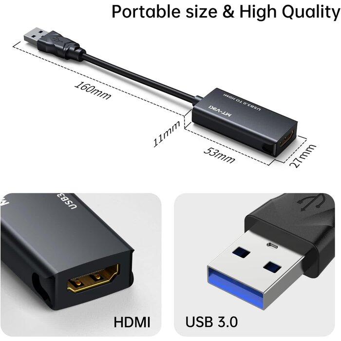 USB2HDMI - MT-VIKI USB 3.0 to HDMI Adapter, USB 3.0 to HDMI Male to Female Adapter, 1080P Compatible with Mac OS, Windows 10/8.1/8/7 (Uni-Directional) 1 Pack