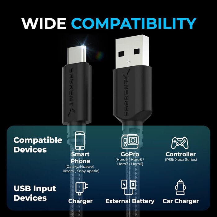 Premium High Speed 6ft USB-C to USB A 3.0 Charge Cables fast Sync for Playstation 5 DualSense, Xbox Series S X Core, Elite Series 2, NS Switch Lite, Controller [Black] (CB-C3X6)