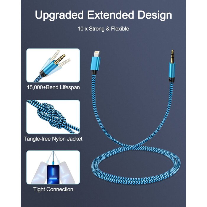 M/LIGHT-AUX-3FT - Aux Cord to iPhone 14 Pro Max, Lightning to 3.5mm Male Audio Cable Braided 3FT Auxiliar Ox Wire for Apple 14Pro 14 Plus 13 Pro Max 13 12 Mini X XR iPad iPod, iPhone Aux Chord for Car Speaker Headphone