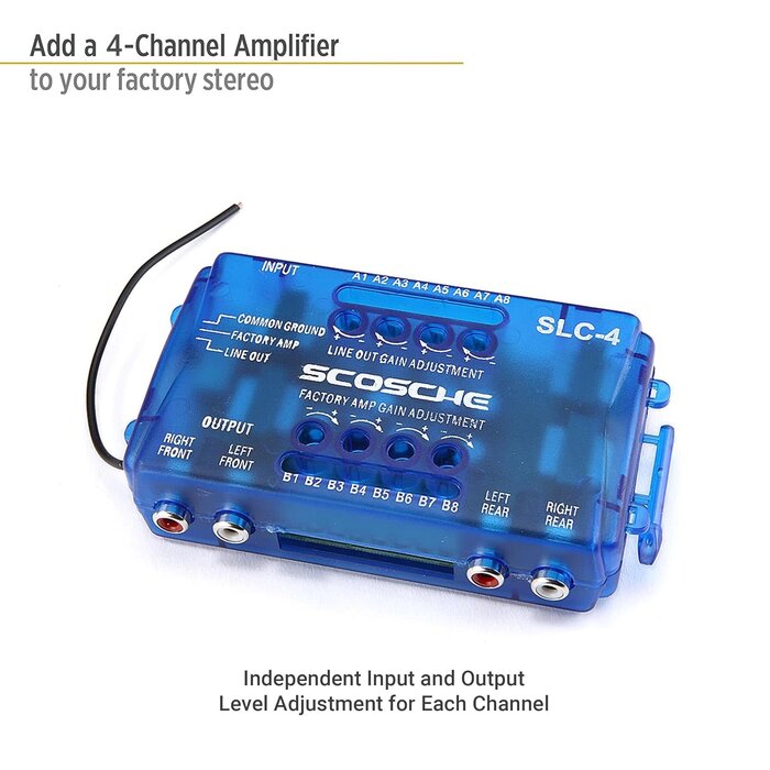 SLC4 - Scosche Line Output Converter/OEM Premium Amplifier Adapter - 4CH LOC High/Low RCA Converter Car Audio - Add New Amp or Retain Factory Amp - Line Level Converter for Car Stereo - Quality Sound