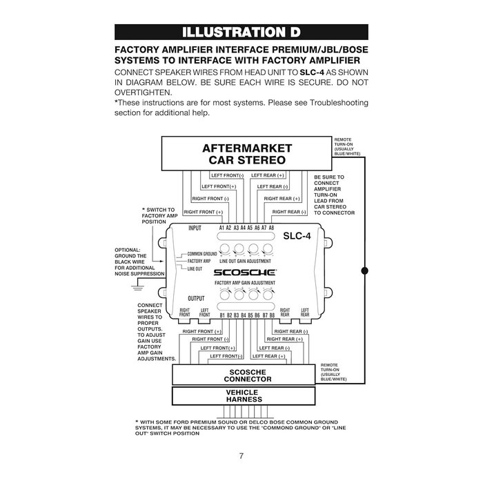 SLC4 - Scosche Line Output Converter/OEM Premium Amplifier Adapter - 4CH LOC High/Low RCA Converter Car Audio - Add New Amp or Retain Factory Amp - Line Level Converter for Car Stereo - Quality Sound