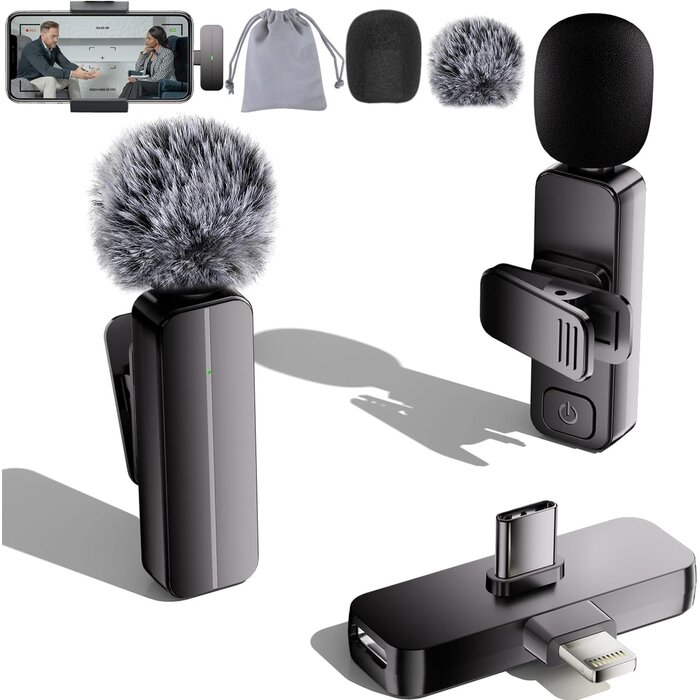 WM281 - Bulatry 2-Pack Wireless Mini Lavalier Lapel Microphone for iPhone, Android Phone(2 in 1) - 65ft Cordless Clip on Dual Mics with Noise Reduction 6H Working Time for Video Recording Vlogging, YouTube