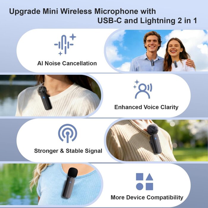 WM280 - Bulatry 2-Pack Wireless Mini Lavalier Lapel Microphone for iPhone, Android Phone(2 in 1) - 65ft Cordless Clip on Dual Mics with Noise Reduction 6H Working Time for Video Recording Vlogging, YouTube