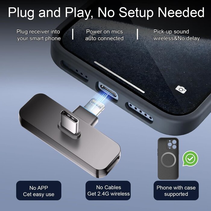 WM280 - Bulatry 2-Pack Wireless Mini Lavalier Lapel Microphone for iPhone, Android Phone(2 in 1) - 65ft Cordless Clip on Dual Mics with Noise Reduction 6H Working Time for Video Recording Vlogging, YouTube