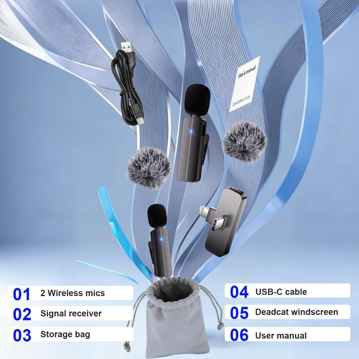 WM280 - Bulatry 2-Pack Wireless Mini Lavalier Lapel Microphone for iPhone, Android Phone(2 in 1) - 65ft Cordless Clip on Dual Mics with Noise Reduction 6H Working Time for Video Recording Vlogging, YouTube