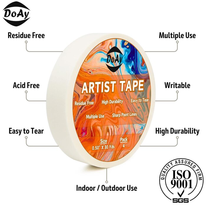 MT-1/2"-90FT - DOAY 90ft White Artist Tape - Art Masking Tape for Watercolor Paper, Canvas Acrylic Painting, Curves, Framing, Paint, Gouache, Console - Acid Free Drafting Tape 1/2" (0.50") Wide