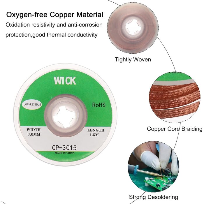 MECCANIXITY Solder Wick, No-Clean Soldering Wick Braid Desoldering Wick Braid With Flux(1.18"/3mm Width, 5Ft/1.5m Length)