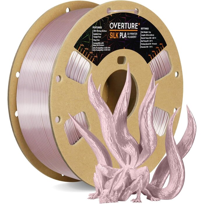 OVPLA-SILK-SLVR-PNK - OVERTURE Silk PLA Filament 1.75mm, Clog-Free Shiny, Metallic Shine 3D Printer Filament, 1kg Spool (2.2lbs), Ideal for Cosplay Jewelry & Home Decor (Silk Silver Pink)