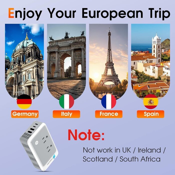 220V-110V-CONV-TC - Mapambo 220V to 110V Voltage Converter US to Europe for Curling Iron and Hair Straighteners, Power Converter for European Travel Plug Adapter with 2 USB A & 2 USB C Ports (Type C-Europe)