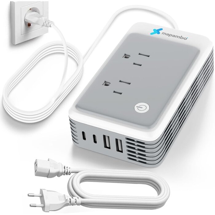 220V-110V-CONV-TC - Mapambo 220V to 110V Voltage Converter US to Europe for Curling Iron and Hair Straighteners, Power Converter for European Travel Plug Adapter with 2 USB A & 2 USB C Ports (Type C-Europe)