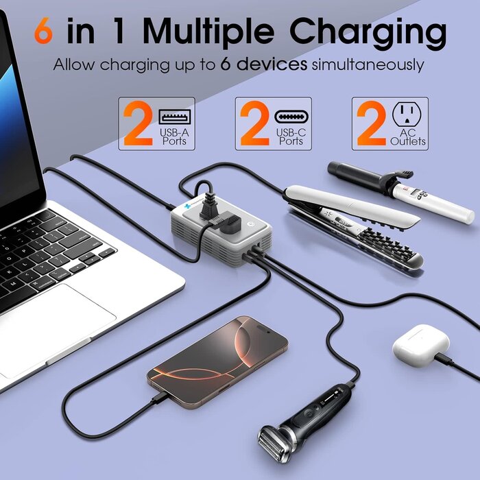 220V-110V-CONV-TC - Mapambo 220V to 110V Voltage Converter US to Europe for Curling Iron and Hair Straighteners, Power Converter for European Travel Plug Adapter with 2 USB A & 2 USB C Ports (Type C-Europe)