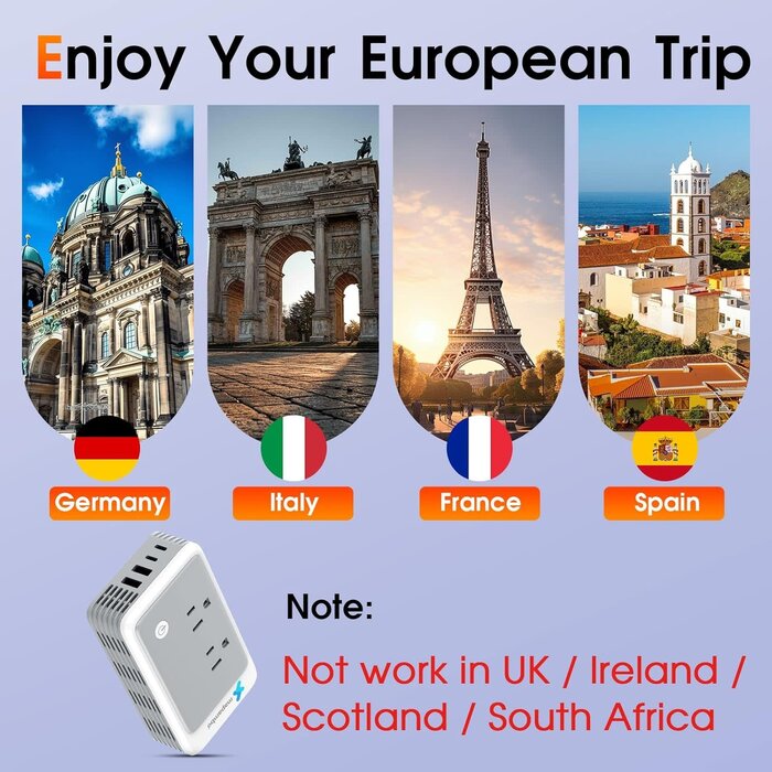 220V-110V-CONV-TC - Mapambo 220V to 110V Voltage Converter US to Europe for Curling Iron and Hair Straighteners, Power Converter for European Travel Plug Adapter with 2 USB A & 2 USB C Ports (Type C-Europe)