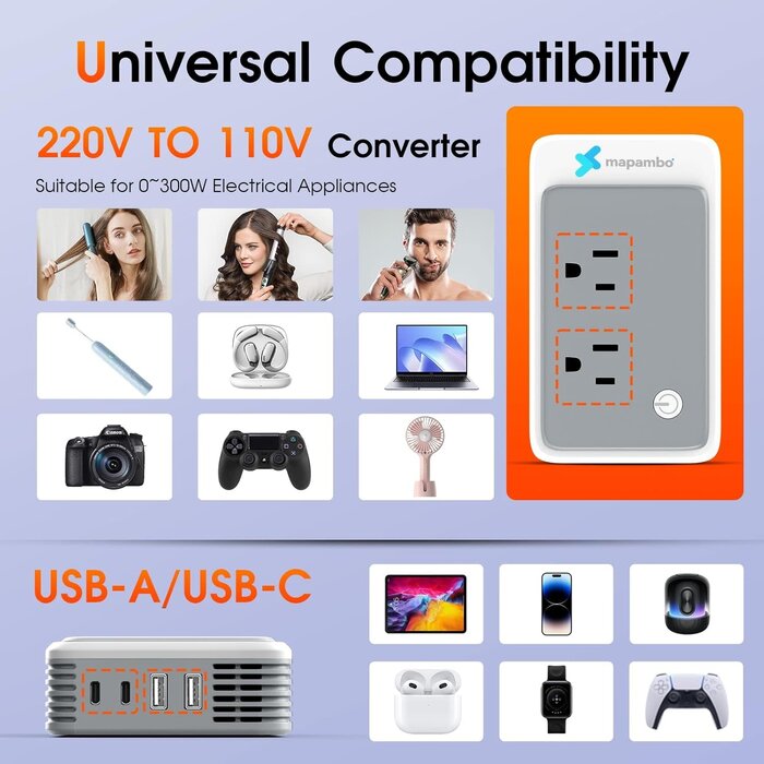 220V-110V-CONV-TC - Mapambo 220V to 110V Voltage Converter US to Europe for Curling Iron and Hair Straighteners, Power Converter for European Travel Plug Adapter with 2 USB A & 2 USB C Ports (Type C-Europe)