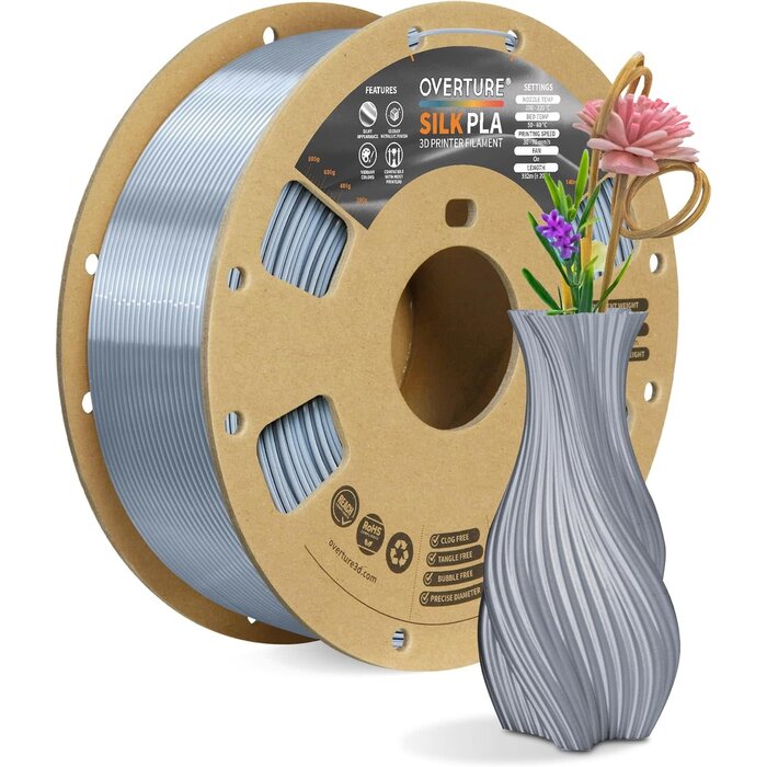 OVPLA-SLK-SLVR - OVERTURE Silk Silver PLA 1.75mm Dual Color Filament, Clog-Free Shiny 3D Printer Filament, 1kg Spool(2.2lbs), Dimensional Accuracy +/- 0.02 mm, Fit Most FDM Printer (Silk Silver)