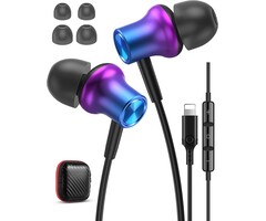 LME577 - iMangoo Design for Apple MFi-Certified Wired Earbuds for Lightning Headphones Magnetic Wire Earphones Corded with Microphone Volume Control for iPhone 14 Plus 13 Pro Max 12 Mini 11 10 XS XR Purple