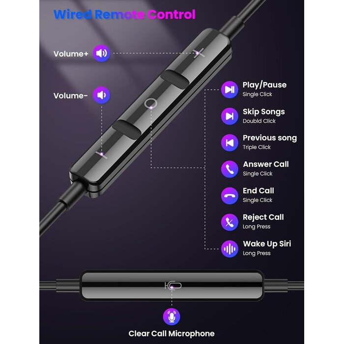 LME577 - iMangoo Design for Apple MFi-Certified Wired Earbuds for Lightning Headphones Magnetic Wire Earphones Corded with Microphone Volume Control for iPhone 14 Plus 13 Pro Max 12 Mini 11 10 XS XR Purple