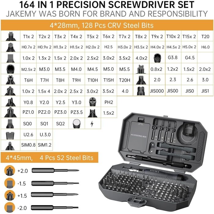FO164 - JAKEMY Precision Screwdriver Set, Laptop Tool Kit, 164 in 1 Professional Computer Screwdrivers Repair Kit with T5 T6 Torx Screwdriver for Eyeglass, Ph
