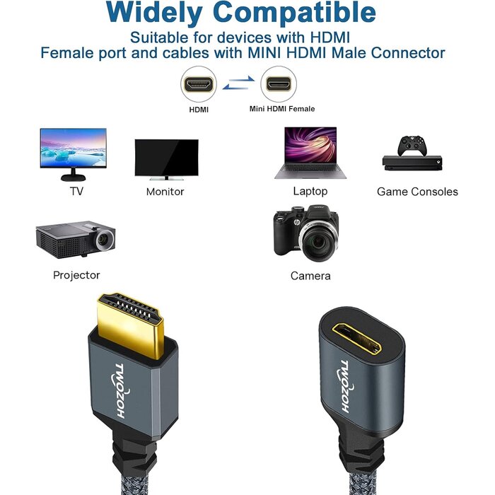 Twozoh HDMI/M-MINI-HDMI/F - Twozoh HDMI Male to Mini HDMI Female Adapter Cable, Male HDMI to Female Mini HDMI Cable Adapter (A Type to C Type) 3D/4K 1080p HDMI 2.0 (20cm/0.6ft)