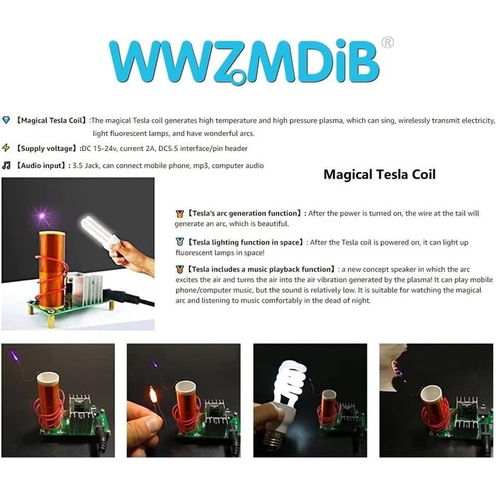 TESLA-COIL-KIT - WWZMDiB Mini DIY Tesla Coil Kit Practice Soldering Project Electronic Kit for Adults which can Sing, wirelessly Transmit Electricity, Light Fluorescent Lamps, and Have Wonderful arcs.