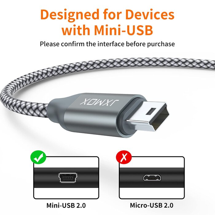 MINI-B2USB-A-6FT - JXMOX Mini USB Cable, 6.6ft USB 2.0 Type A Male to Mini B Charging Cord Compatible with Hero 3+, PS3 Controller, Digital Camera, Dash Cam, MP3 Player, Garmin Nuvi GPS, GPS Receiver
