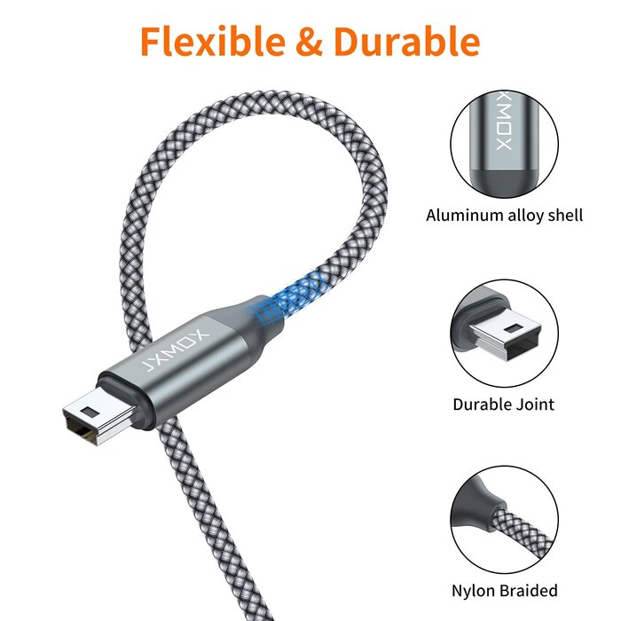 MINI-B2USB-A-6FT - JXMOX Mini USB Cable, 6.6ft USB 2.0 Type A Male to Mini B Charging Cord Compatible with Hero 3+, PS3 Controller, Digital Camera, Dash Cam, MP3 Player, Garmin Nuvi GPS, GPS Receiver