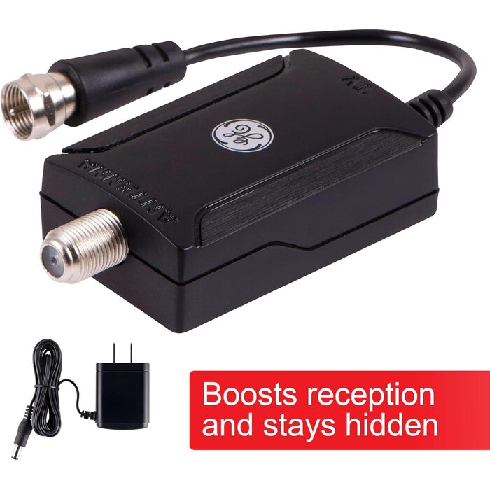 42178-3 - GE Indoor HD Digital TV Antenna Amplifier, Low Noise Antenna Signal Booster, Clears Up Pixelated Low-Strength Channels, Supports HD Smart TV VHF UHF, AC Adapter, Black, 42178