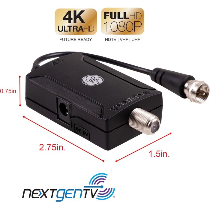 42178-3 - GE Indoor HD Digital TV Antenna Amplifier, Low Noise Antenna Signal Booster, Clears Up Pixelated Low-Strength Channels, Supports HD Smart TV VHF UHF, AC Adapter, Black, 42178