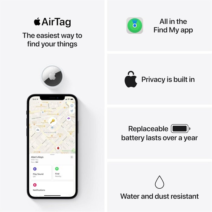 MX532LL/A - Apple AirTag (2nd Generation) - 4 Pack: Tracker for Keychain, Wallet, and More; Locator with Sound; Simple One-Tap Setup with iPhone or iPad; Key Finder with up to 1.5X Precision Finding Range