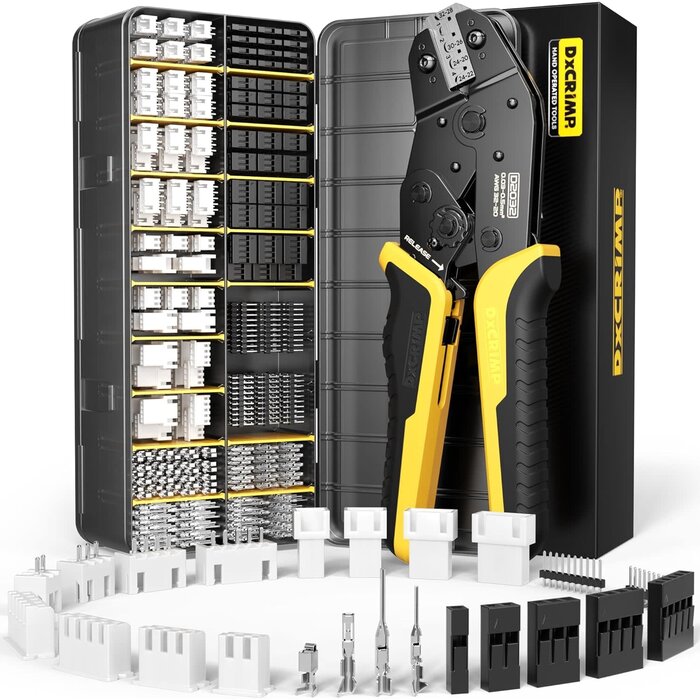 JST-DX-1 - DXCRIMP Crimping Tool Connector Kit, 23 Types of JST-XH 2.5mm and Dupont 2.54mm Connectors, 32-20 AWG Ratchet Crimping Pliers for JST, Dupont, KF2510, Molex, AMP EI-Serie