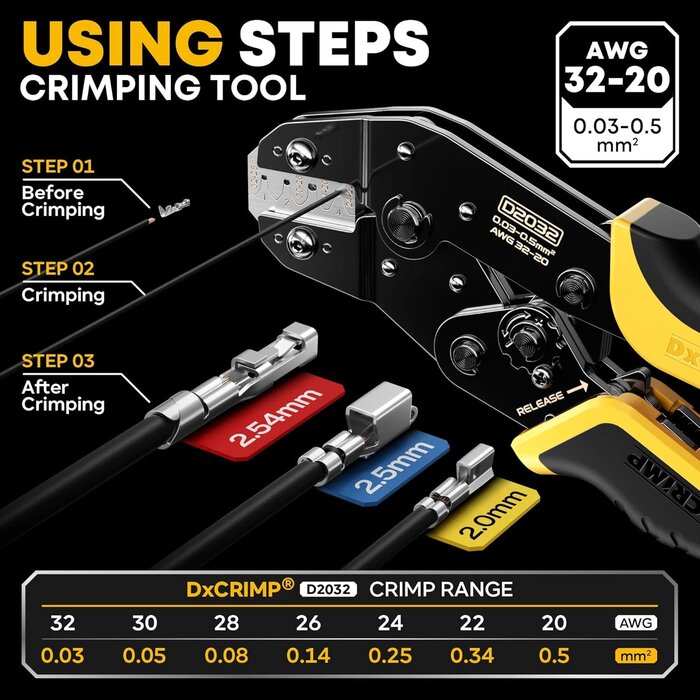 JST-DX-1 - DXCRIMP Crimping Tool Connector Kit, 23 Types of JST-XH 2.5mm and Dupont 2.54mm Connectors, 32-20 AWG Ratchet Crimping Pliers for JST, Dupont, KF2510, Molex, AMP EI-Serie