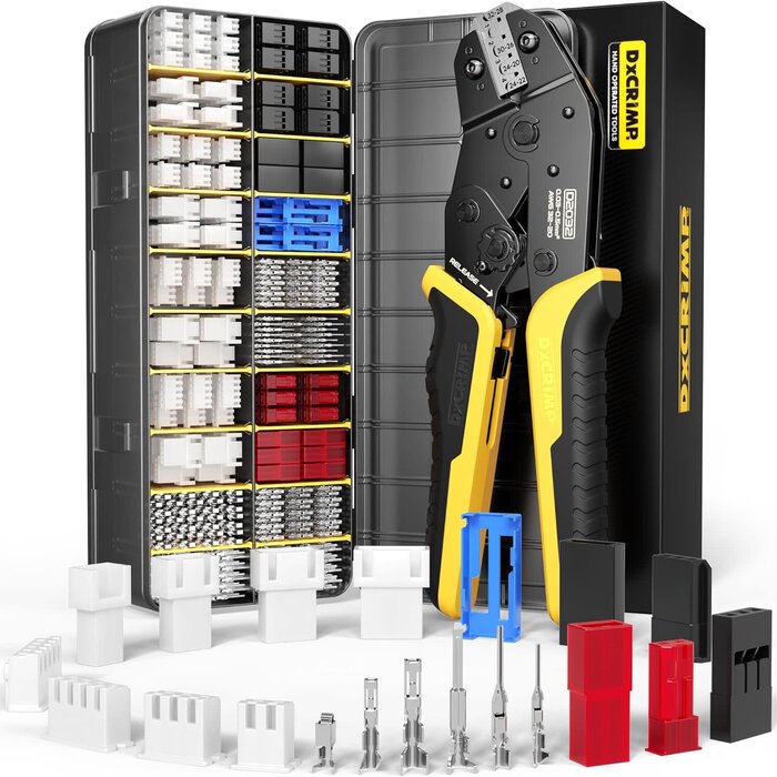 D2032-1 - DXCRIMP Crimping Tool Connector Kit, 20 Types of JST-XH/SYP 2.5mm and 2.54mm Connectors, 32-20 AWG Crimping Pliers Compatible JST, Dupont, KF2510, Molex, Futaba, for Hitec Spektrum RC