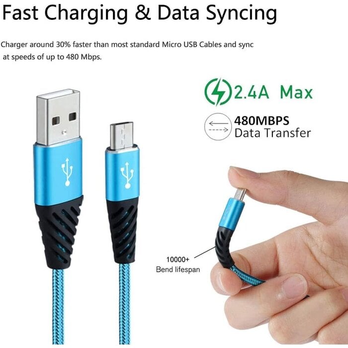 MICRO-USB-10FT - Boenoea Fast Phone Charger Android 10ft Long Micro USB Cable Braided Compatible with Samsung Galaxy J3 J7 S6 S7 Edge Note 4 5 LG BlackBerry Motorola Xbox PS4 Kindle