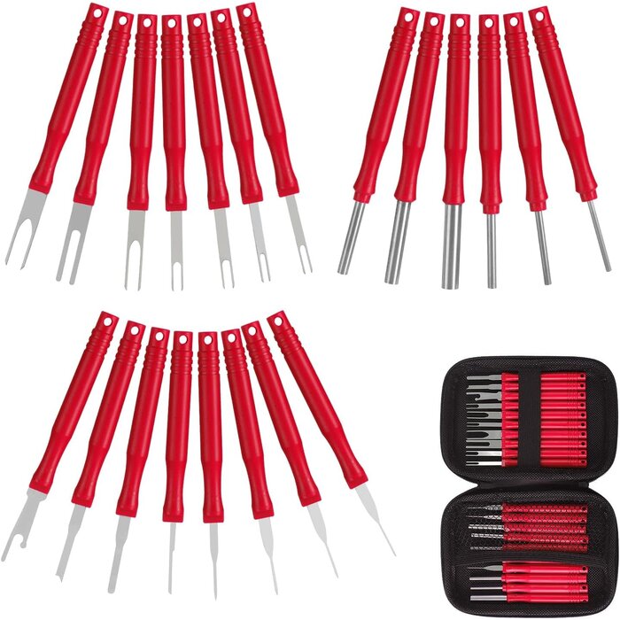 RED21 - XLWJBES Upgraded Terminal Removal Tool Kit, 21Pcs Red Electrical Pin Removal Tool Kit, Electrical Wire Connector Pin Release Tool, Automotive Terminal Release Kit for Household Devices