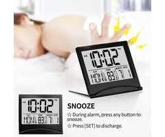 TRAVEL-CLOCK - Betus Digital Travel Alarm Clock – Foldable Calendar, Temperature & Timer with Snooze – Large Number Display, Battery Operated – Compact Desk Clock for Home & Office (Black)