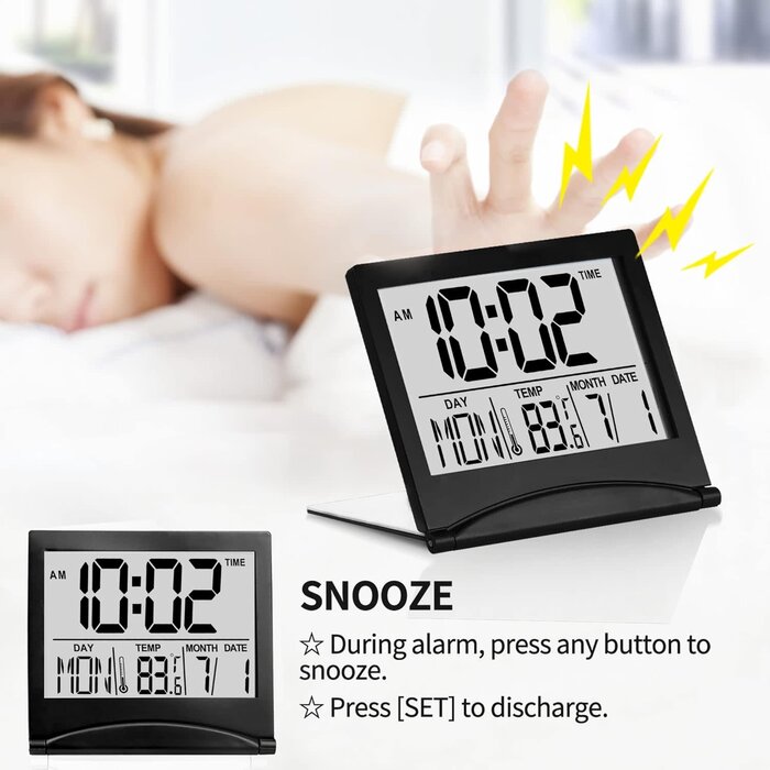 TRAVEL-CLOCK - Betus Digital Travel Alarm Clock – Foldable Calendar, Temperature & Timer with Snooze – Large Number Display, Battery Operated – Compact Desk Clock for Home & Office (Black)