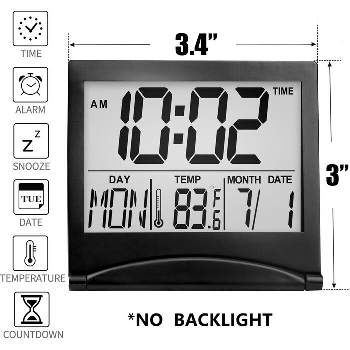 TRAVEL-CLOCK - Betus Digital Travel Alarm Clock – Foldable Calendar, Temperature & Timer with Snooze – Large Number Display, Battery Operated – Compact Desk Clock for Home & Office (Black)