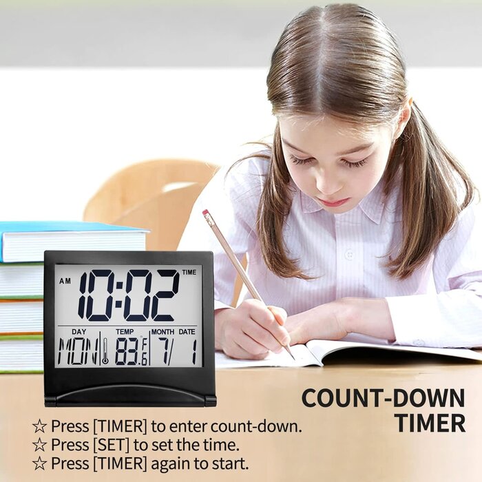 TRAVEL-CLOCK - Betus Digital Travel Alarm Clock – Foldable Calendar, Temperature & Timer with Snooze – Large Number Display, Battery Operated – Compact Desk Clock for Home & Office (Black)