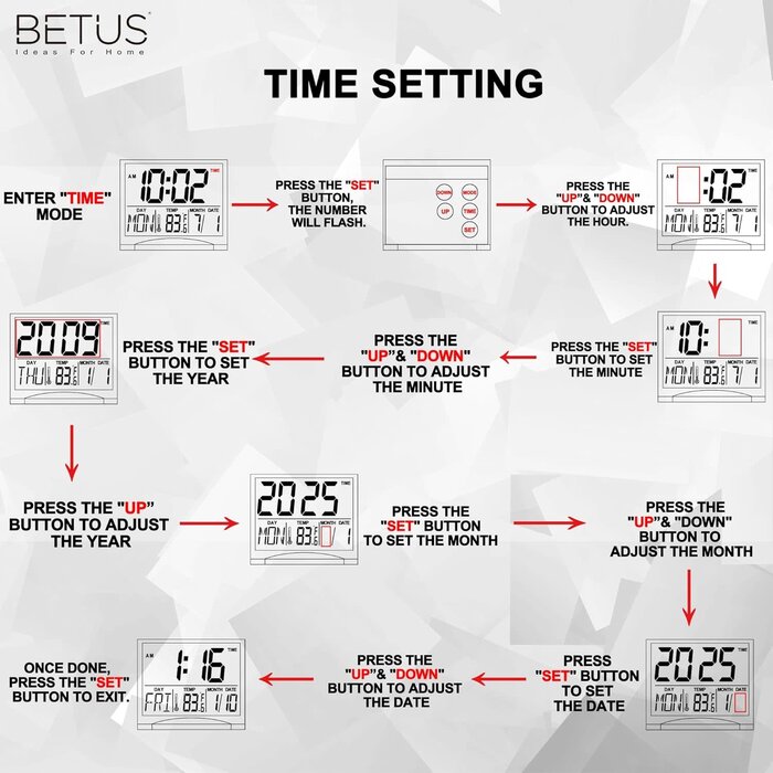 TRAVEL-CLOCK - Betus Digital Travel Alarm Clock – Foldable Calendar, Temperature & Timer with Snooze – Large Number Display, Battery Operated – Compact Desk Clock for Home & Office (Black)