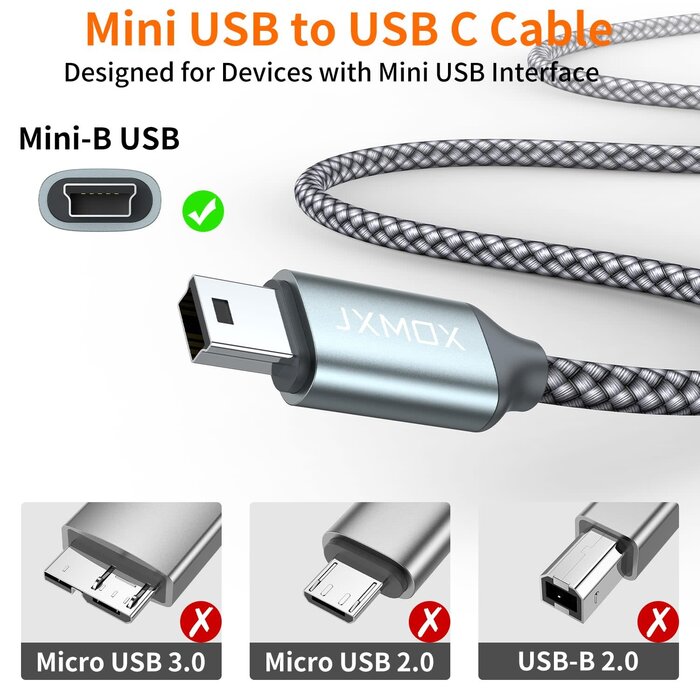 MINI-B2USB-C-3FT - JXMOX USB-C to Mini USB Cable, 3.3ft Mini USB to Type C Cable Charging Cord for GoPro Hero 3+, PS3 Controller, MP3 Player, Dash Cam, Digital Camera, GPS Receiver, PDAs and More Mini B Devices