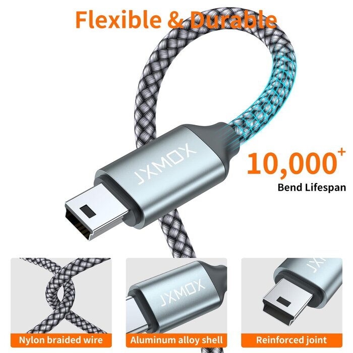MINI-B2USB-C-3FT - JXMOX USB-C to Mini USB Cable, 3.3ft Mini USB to Type C Cable Charging Cord for GoPro Hero 3+, PS3 Controller, MP3 Player, Dash Cam, Digital Camera, GPS Receiver, PDAs and More Mini B Devices