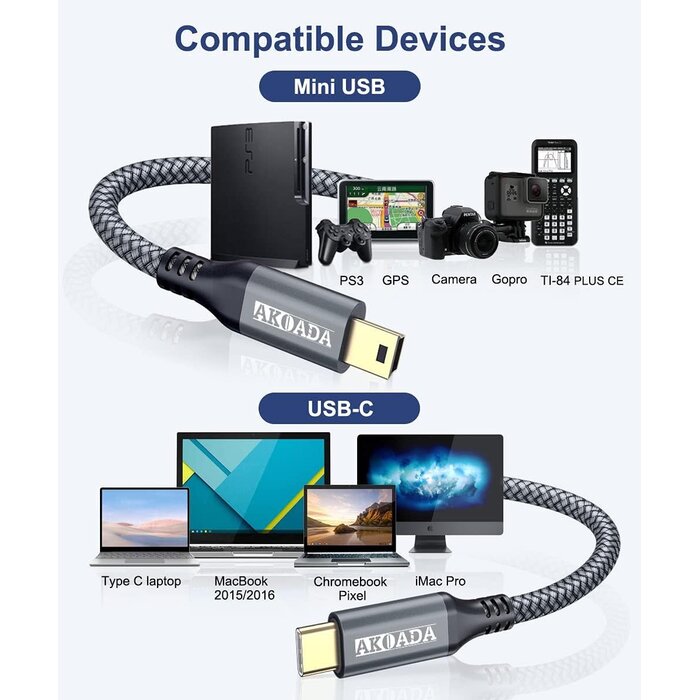 MINI-B2USB-C-10FT - AkoaDa Mini B to USB C Cable 10ft, USB C to Mini USB Cable Charging Cord for GoPro Hero 3+, PS3 Controller, MP3 Player, Yeti Microphone, Digital Camera, GPS Receiver, PDAs and More