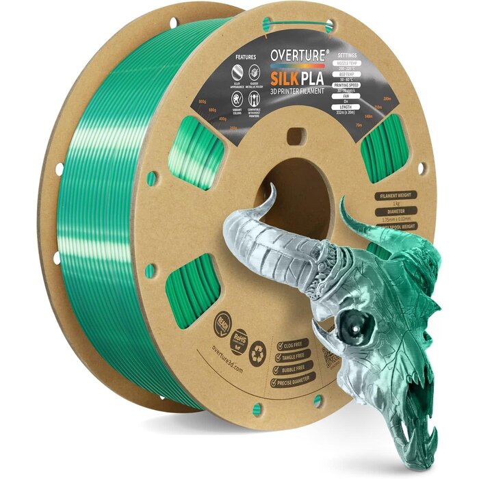 OVPLA-SILK-GRN-SLVR- OVERTURE Silk Green Silver PLA Dual Color Filament 1.75mm, Bi-Color Shiny PLA Finish, Smooth & Glossy, 1kg Spool (2.2lbs), Ideal for Cosplay Jewelry & Home Decor (Silk Green-Silver)1kg