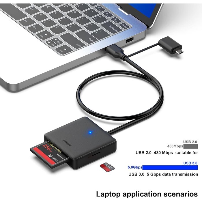 000328-BLK - BENFEI Memory Card Reader, BENFEI 4in1 USB 3.0 and USB-C to SD Micro SD MS CF Card Reader Adapter, 4 Cards Simultaneously Read and Write, Compatible with iPhone 15 Series, MacBook Pro/Air 2023, and More