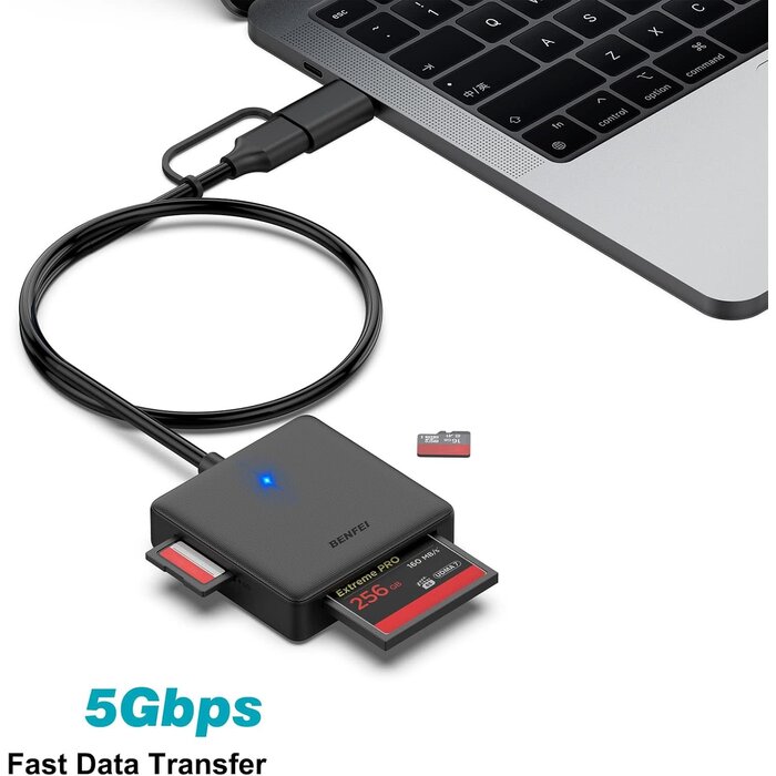 000328-BLK - BENFEI Memory Card Reader, BENFEI 4in1 USB 3.0 and USB-C to SD Micro SD MS CF Card Reader Adapter, 4 Cards Simultaneously Read and Write, Compatible with iPhone 15 Series, MacBook Pro/Air 2023, and More