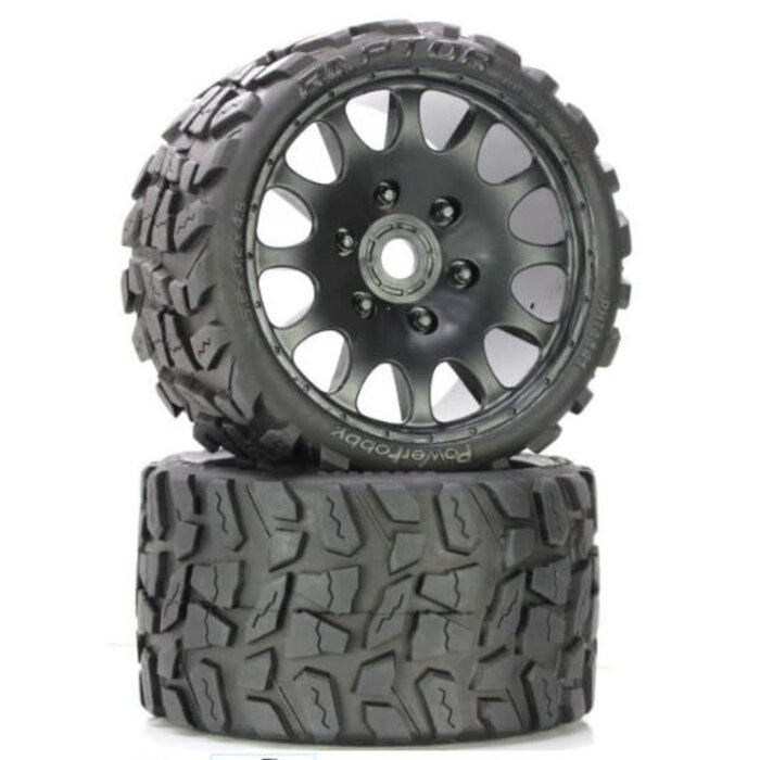 Power Hobby PHBPHT1141S - Raptor Belted Monster Truck Wheels/Tires (pr.), Pre-mounted, Sport Medium Compound 17mm Hex