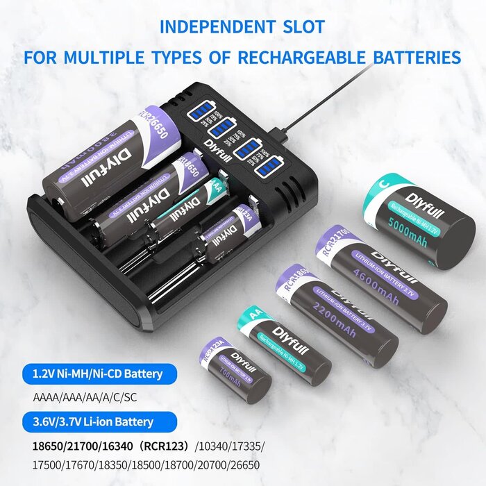 18650-4-CHRGR - Dlyfull 18650 Battery Charger, Fast Universal Charger for 3.7V Li-ion IMR INR ICR 21700 10340 17335 17670 18500 18700 20700 26650 and 1.2V Ni-MH/CD AAAA AAA AA A C SC Rechargeable Batteries (4 Bay)