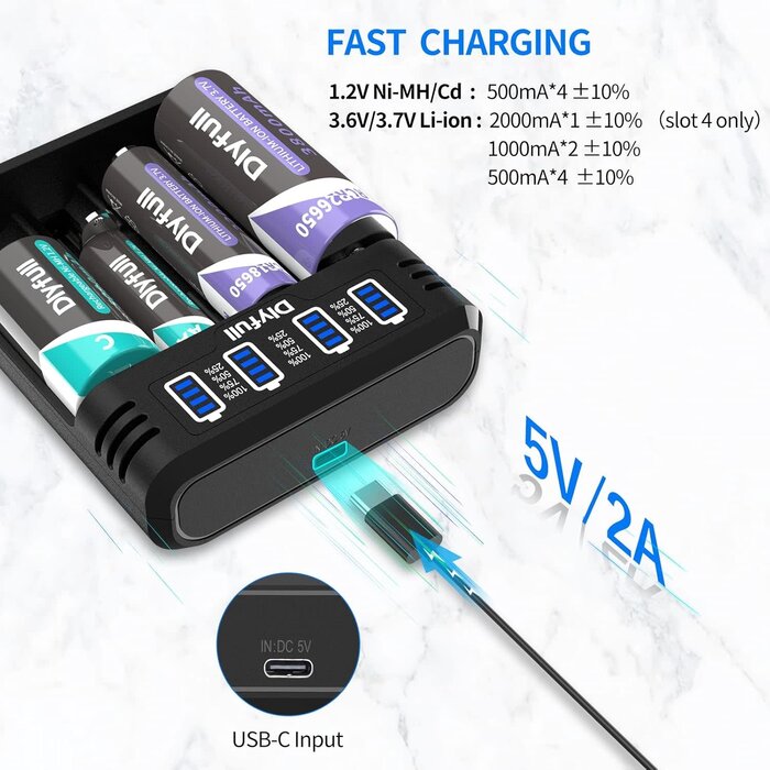 18650-4-CHRGR - Dlyfull 18650 Battery Charger, Fast Universal Charger for 3.7V Li-ion IMR INR ICR 21700 10340 17335 17670 18500 18700 20700 26650 and 1.2V Ni-MH/CD AAAA AAA AA A C SC Rechargeable Batteries (4 Bay)