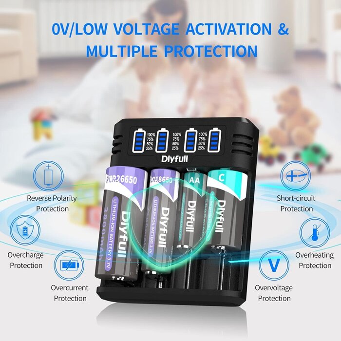 18650-4-CHRGR - Dlyfull 18650 Battery Charger, Fast Universal Charger for 3.7V Li-ion IMR INR ICR 21700 10340 17335 17670 18500 18700 20700 26650 and 1.2V Ni-MH/CD AAAA AAA AA A C SC Rechargeable Batteries (4 Bay)